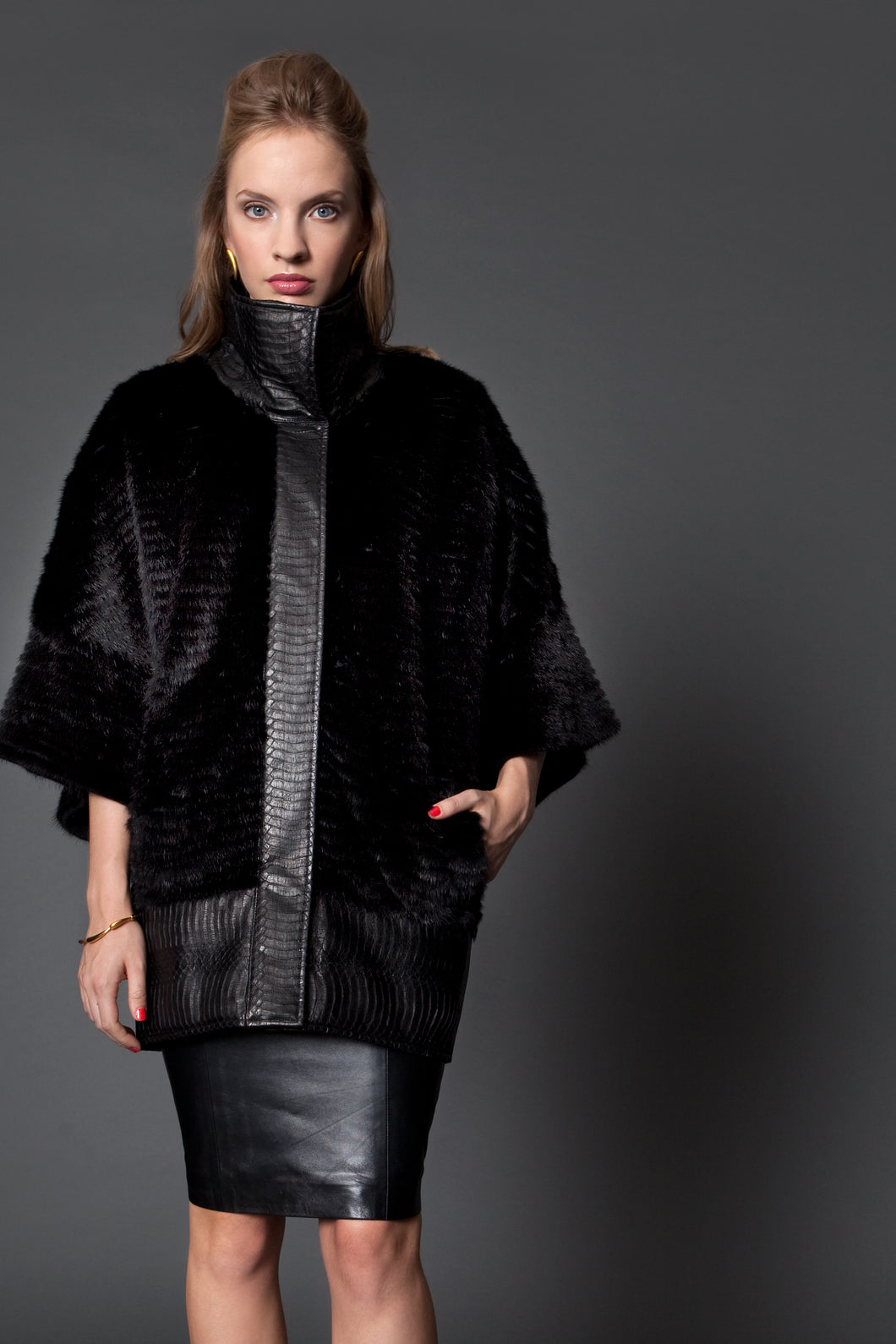 Layered Ranch Mink Poncho with Leather Trim